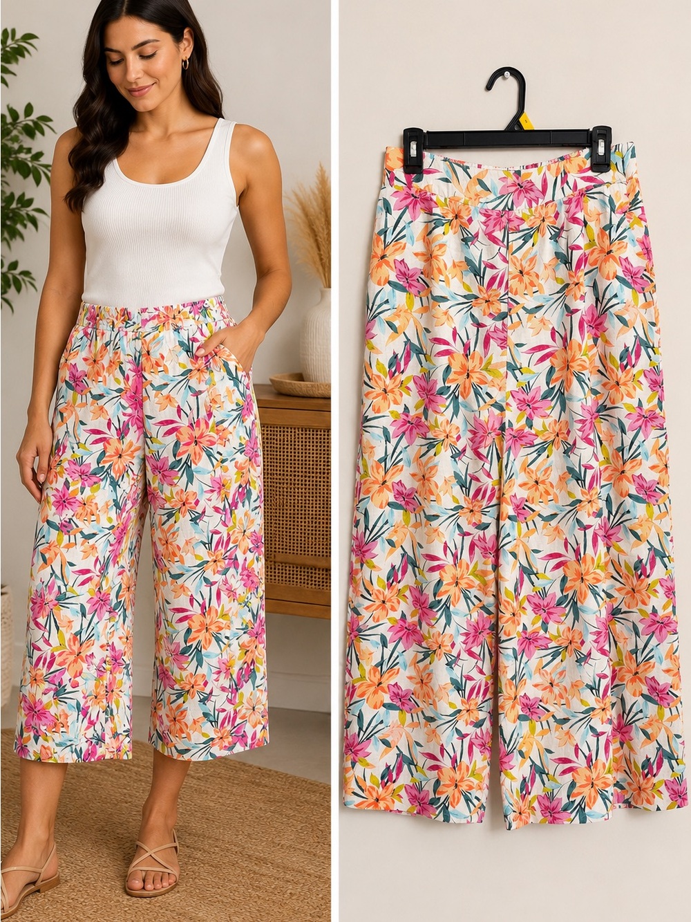 Jessica Simpson Wide-Leg Crop Pants - Resortwear Size S Color White-Pink